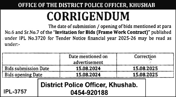 District Police Office Khushab Tender Notice